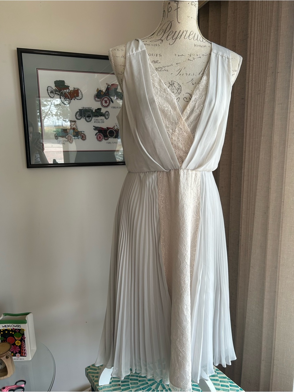 Max & Cleo Ivory-White Lace Trim Pleated Midi Dress